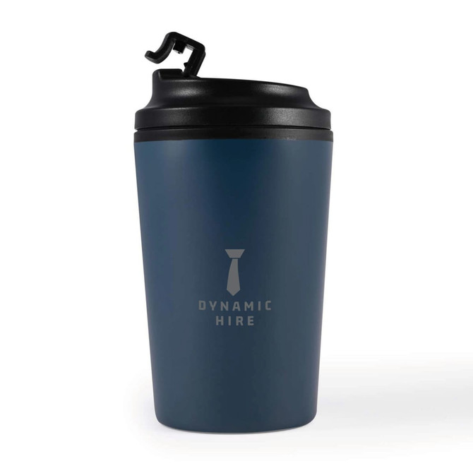 A reusable coffee cup with a sleek navy design and a black lid, featuring the logo "DYNAMIC HIRE" prominently displayed.