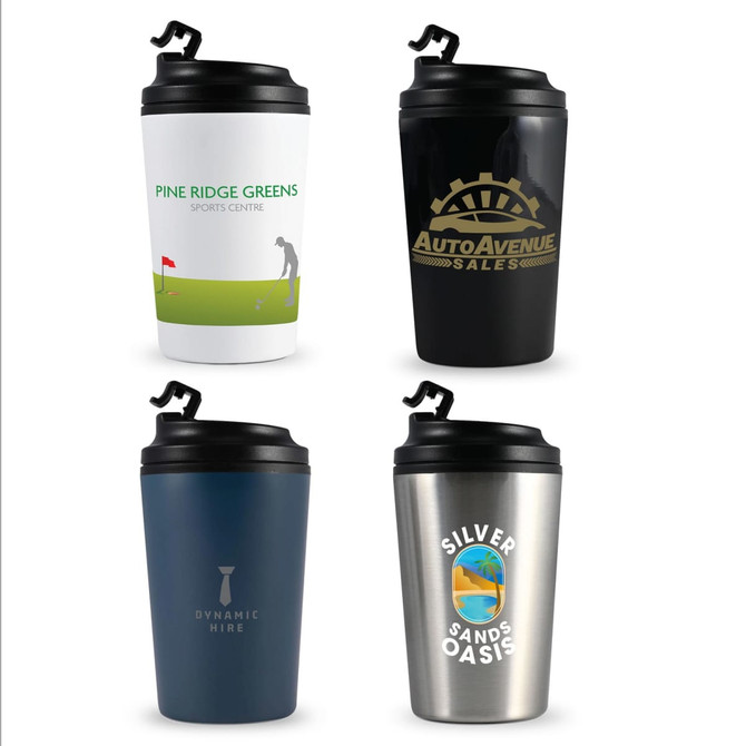 A set of four reusable coffee cups in white, black, navy blue, and stainless steel, each featuring a different design and logo.