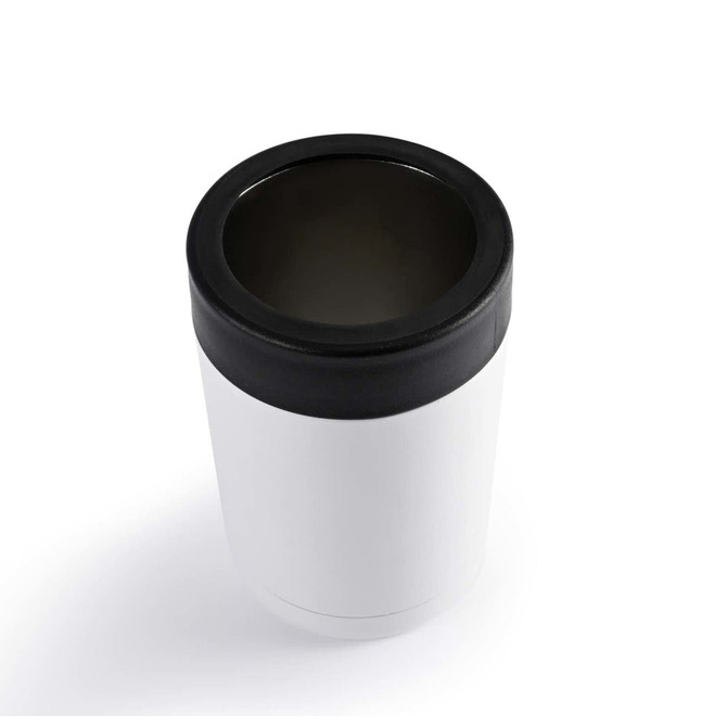 A drink cooler made of stainless steel featuring a sleek white body and a black silicone lid.
