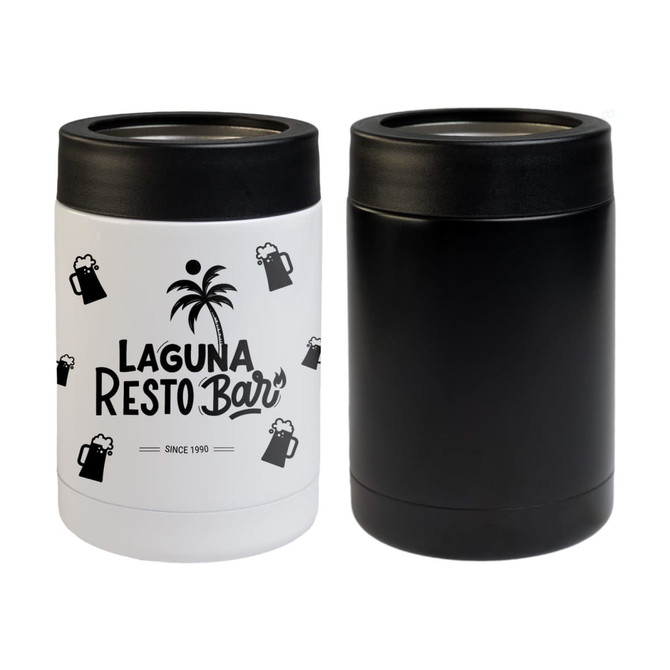 A drink bottle cooler in black and white, featuring a logo on the white side and a sleek black design.