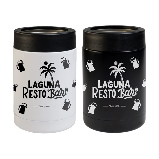 A drink bottle in matte black and matte white, featuring a logo and graphics of beer mugs and palm trees.