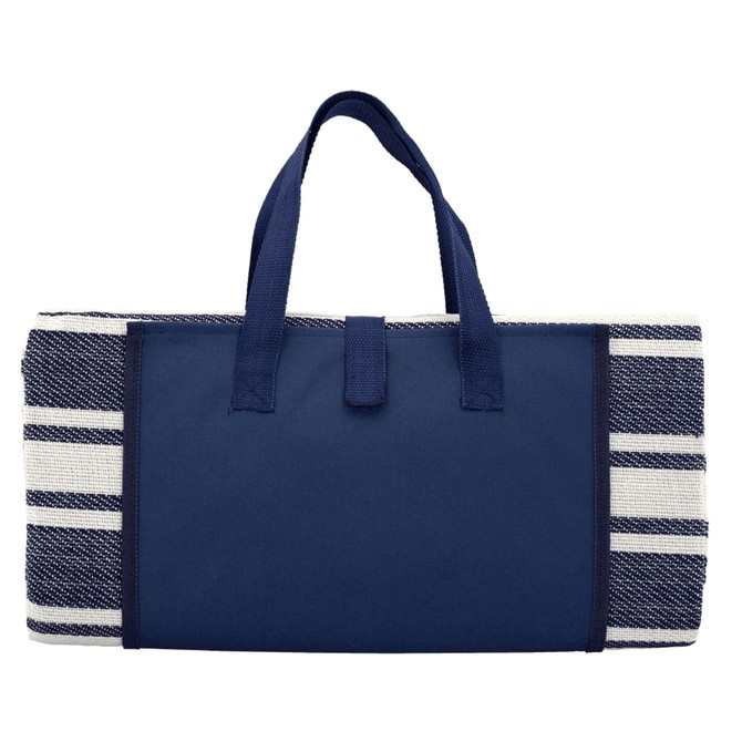 A navy picnic rug with a striped design and carrying handles. It features a branding logo.