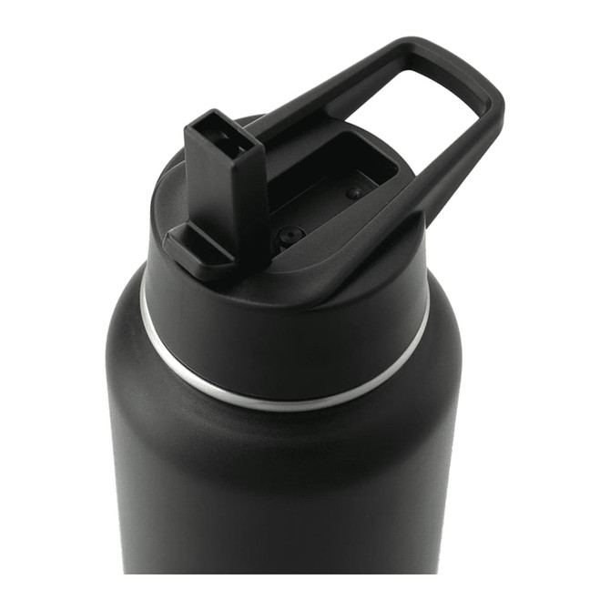 A drink bottle with a black matte finish, featuring a spout and carrying handle. Includes a logo on the body.