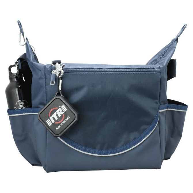 A navy cooler bag with multiple compartments, featuring a drink bottle and a logo. Ideal for carrying food and beverages.