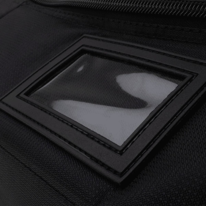 A black cooler bag featuring a clear identification window. The fabric appears durable with a smooth finish.