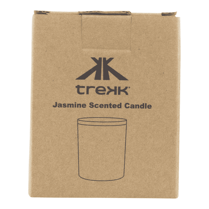 A brown cardboard box containing a white jasmine scented candle. The box features branding.