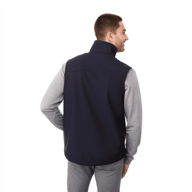 A navy softshell vest for men, featuring a high collar and a casual design. The back view shows a sleek, modern style.