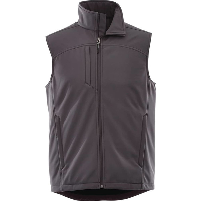 A dark grey softshell vest with a high collar and a zippered front pocket, featuring a logo on the chest.