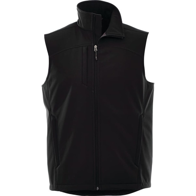 A black men's softshell vest with a high collar and a zippered front pocket, featuring a logo.