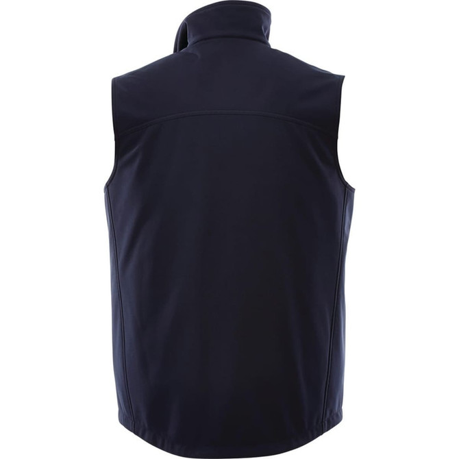 A dark navy softshell vest with a high collar and no sleeves, featuring a branding logo.