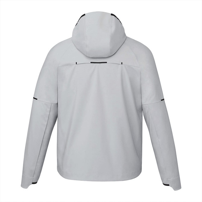 A men's softshell jacket in light grey with a hood, featuring a logo on the back and minimalistic design.