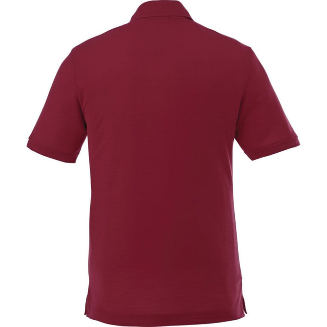 A maroon short sleeve polo shirt for men, featuring a collar and side slits, with a visible logo.
