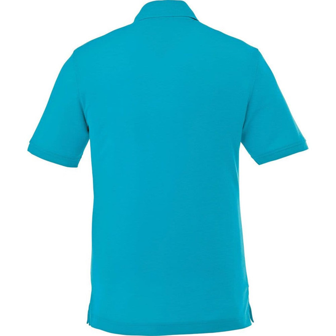 A men's short sleeve polo shirt in a bright turquoise colour, featuring a back view and a logo.