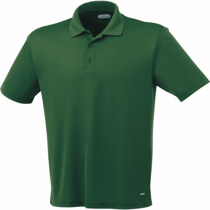 A green short sleeve polo shirt for men with a collar and a logo on the chest.