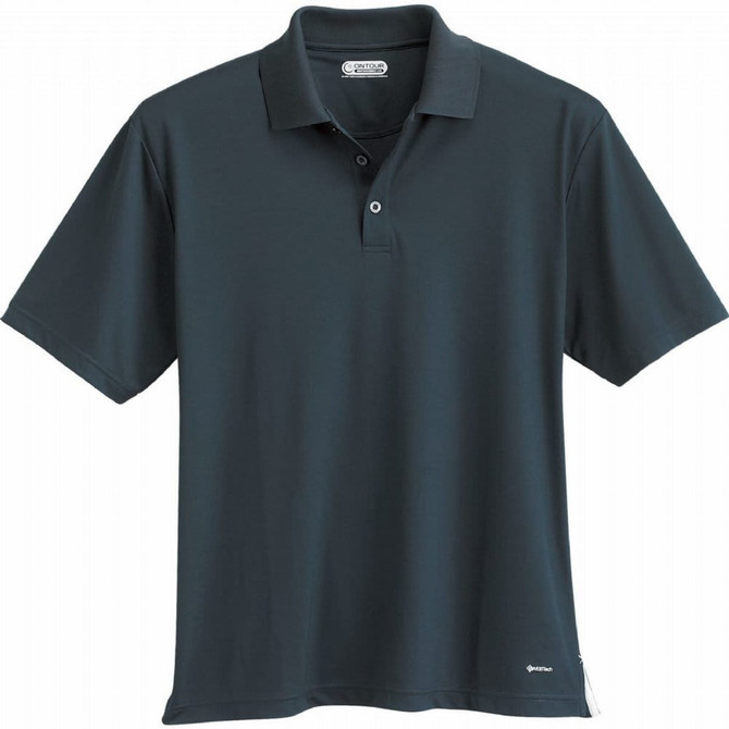 A dark grey men's short sleeve polo shirt with a collar and one logo on the side.