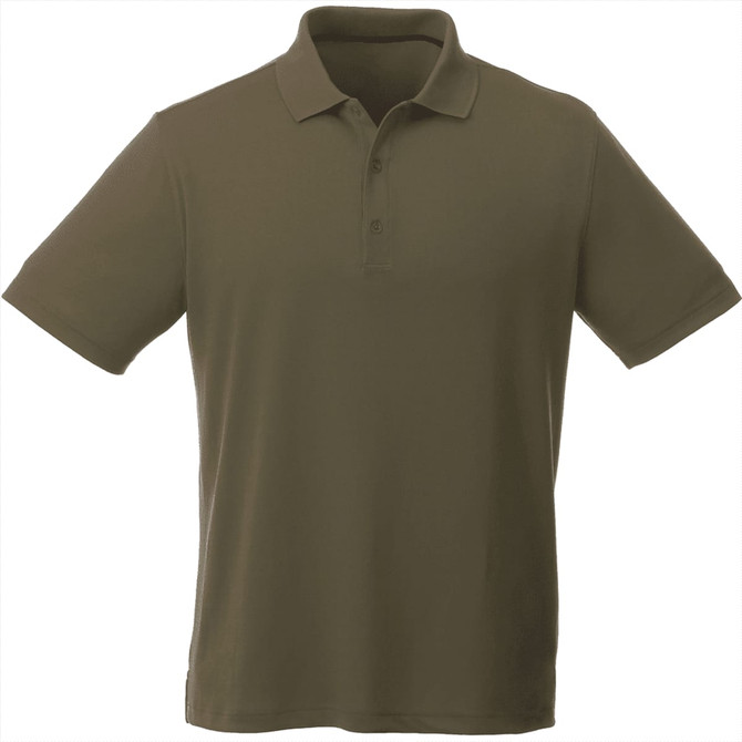 A khaki short sleeve polo shirt for men with a collar and three-button placket, featuring a logo.