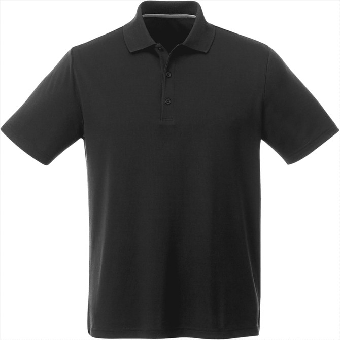 A black short sleeve polo shirt with a collar and three buttons, featuring a logo on the chest.