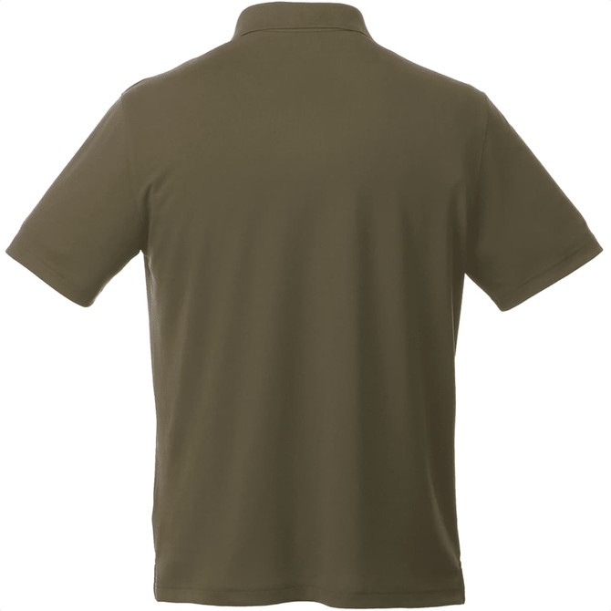 A short sleeve men's polo in olive green with a collar and a logo on the back.
