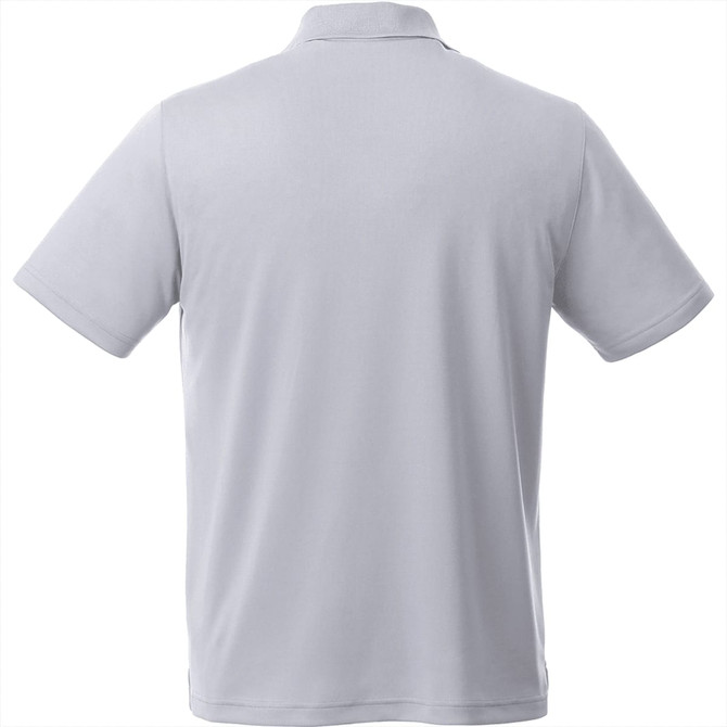 A light grey short sleeve polo shirt, featuring a classic collar and a logo on the back.