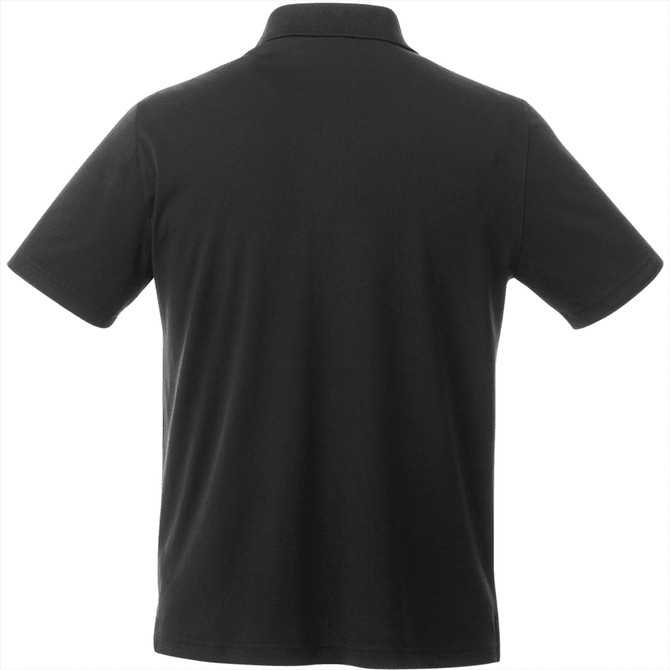 A black short sleeve polo shirt featuring a collar and a logo on the back.