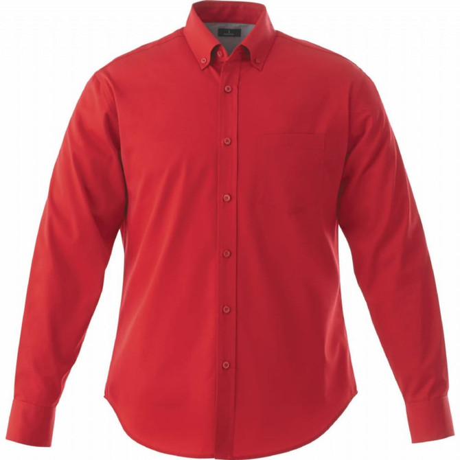 A red long sleeve button-up shirt for men, featuring a classic collar and a single chest pocket.