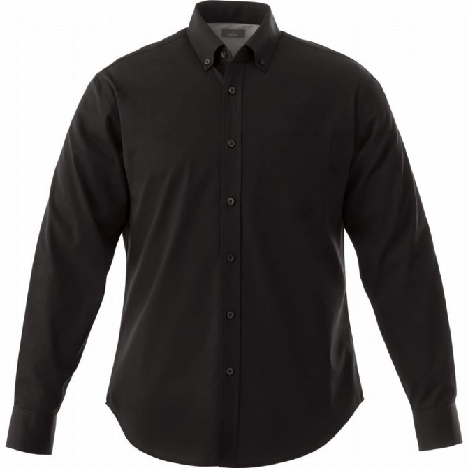 A black men's long sleeve button-up shirt with a pocket and a logo.