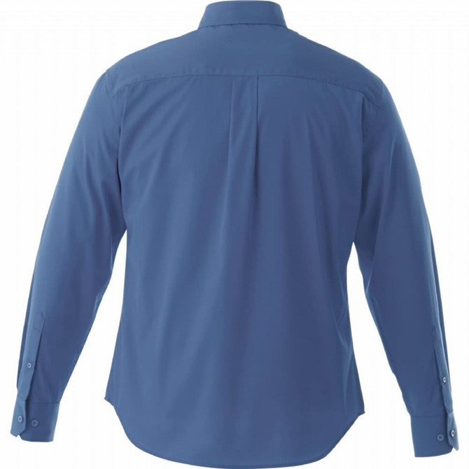 A blue button-up long sleeve shirt for men, featuring a back pleat and button detailing on the sleeves.