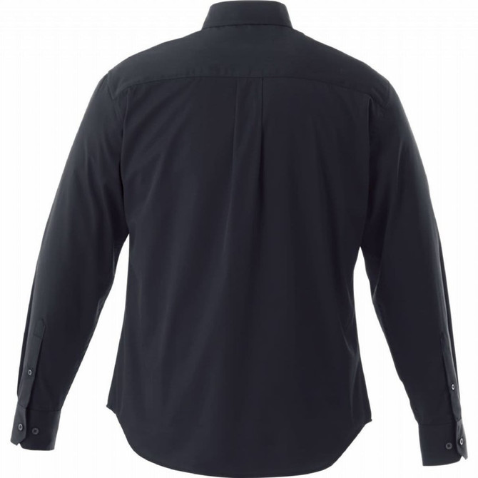 A black long sleeve button-up shirt for men, featuring a simple design and a back pleat. Includes branding.