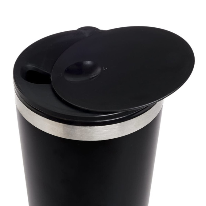 A reusable coffee cup featuring a sleek black design with a stainless steel band and a spill-resistant lid.