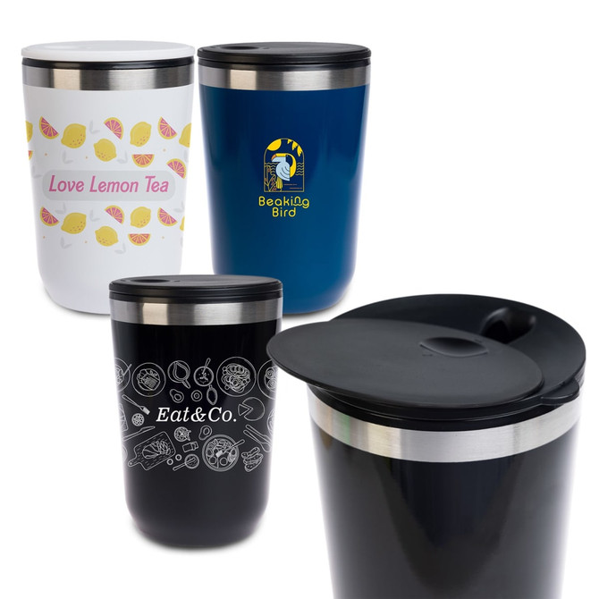 A collection of reusable coffee cups in white, navy, and black, featuring various colorful designs and a stainless steel lid.