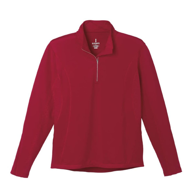 A red knit quarter zip jumper for men, featuring long sleeves and a partial zip front. Includes a logo.