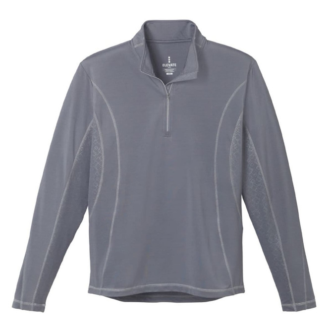 A grey men's quarter-zip jumper with long sleeves and a subtle textured pattern, featuring a logo.
