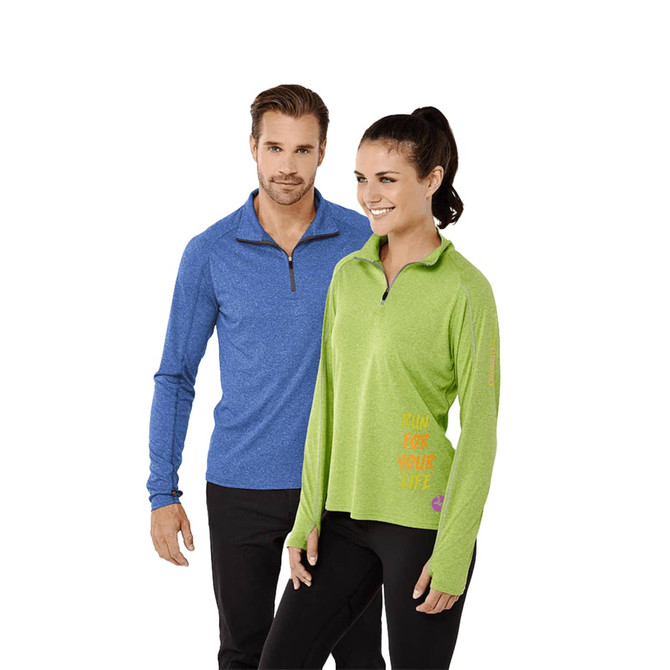A blue men's quarter zip jumper and a green women's quarter zip jumper, both with long sleeves and branding.