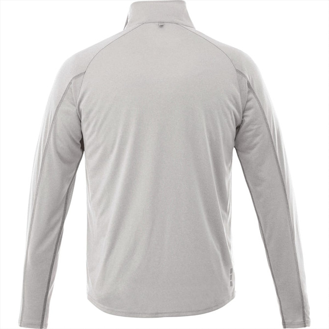 A grey quarter zip jumper with a fitted design and a logo on the back. Suitable for men.