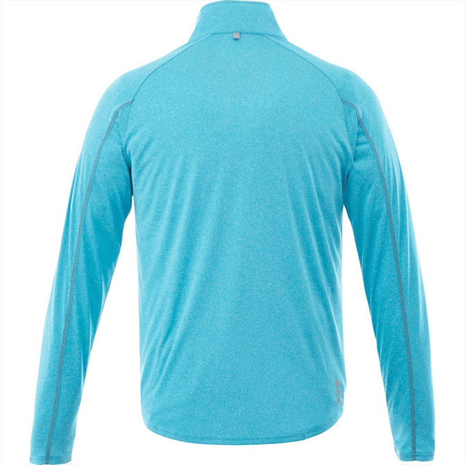 A light blue men's quarter zip jumper featuring long sleeves and a subtle logo on the hem.