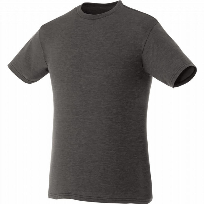 A grey short sleeve t-shirt for men, featuring a classic crew neck design and a logo on the chest.