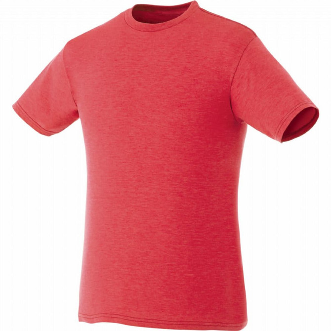 A red short sleeve t-shirt with a simple design and a logo on the chest area.