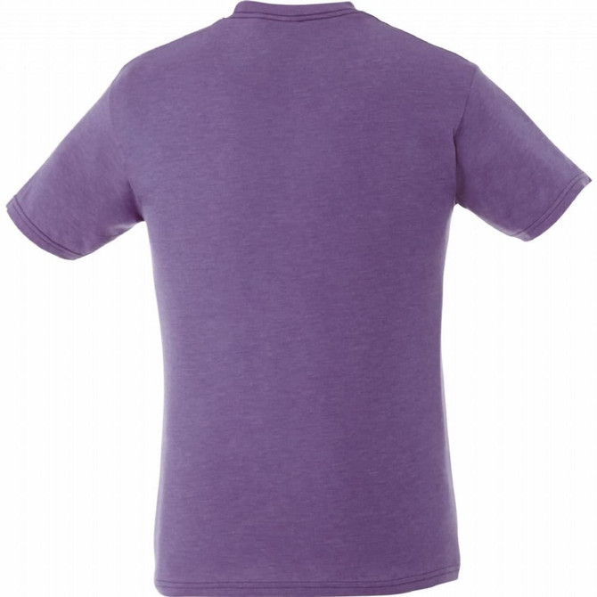A short sleeve men's tee in a purple hue, featuring a smooth, simple design and a logo on the back.