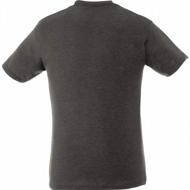 A men's short sleeve tee in dark grey with a simple design and a logo on the back.