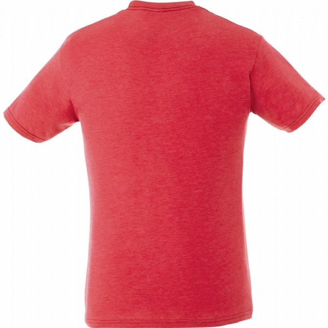 A red short sleeve men's t-shirt with a simple design and no visible front detailing, featuring a logo on the back.