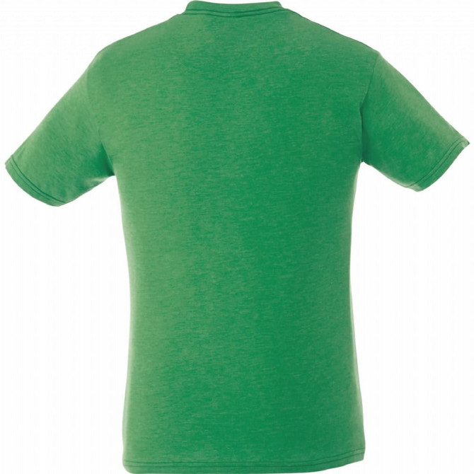 A green short sleeve men's tee with a plain back design and a subtle texture. It features a logo.