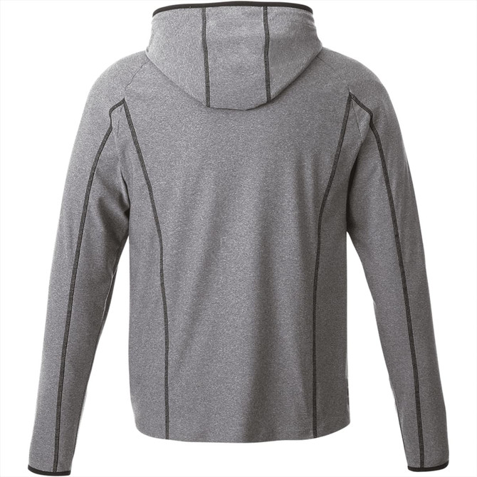 A grey knitted jacket with a hood, featuring contrasting stitching and a casual design.