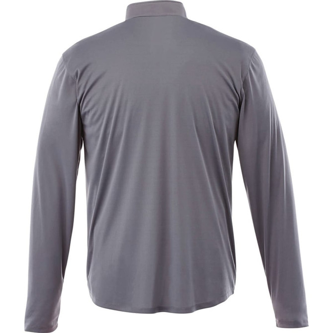 A men's quarter zip jacket in grey, featuring long sleeves and a collar, with a logo on the back.