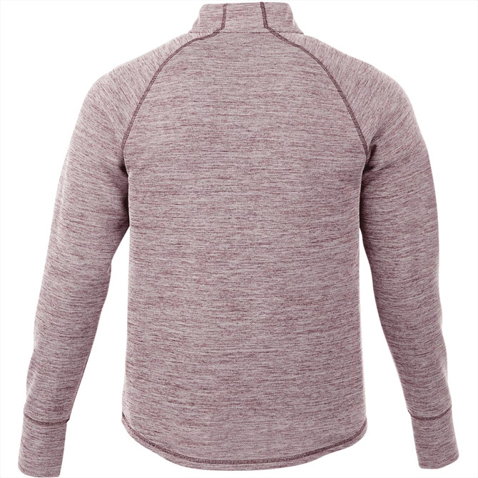 A maroon knitted half zip jumper for men, featuring a textured fabric and a branded logo on the back.
