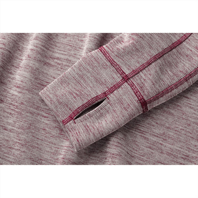 A knitted half zip jumper in grey with a maroon accent on the sleeve. Features an opening on the cuff.