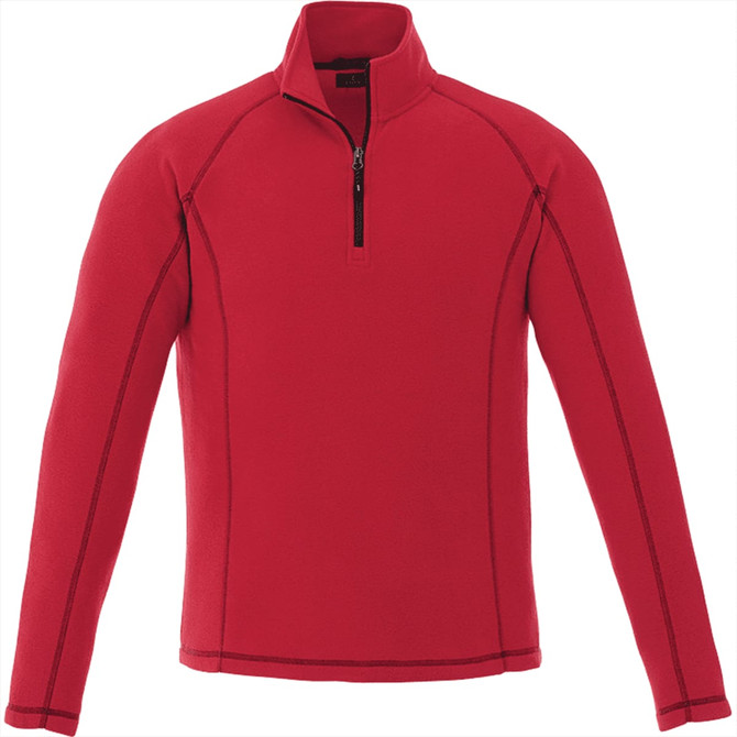 A red quarter-zip polar fleece jumper for men featuring a stand collar and contrasting seams. It has a logo on the chest.