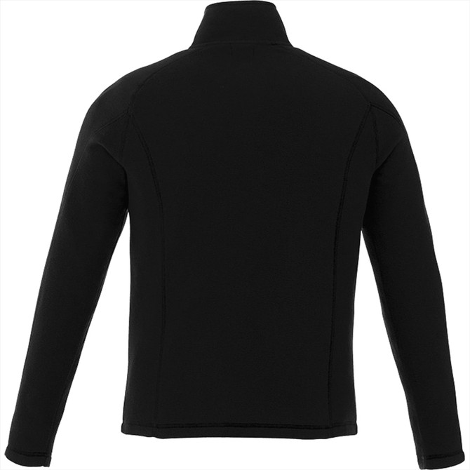 A black men's polar fleece jumper with a quarter zip design and a logo on the back.