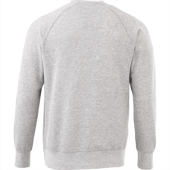 A grey men's crew fleece jumper with a simple design and a logo on the back.