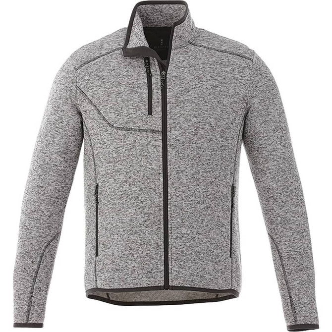 A grey knit jacket with a zippered front, side pockets, and a stand-up collar. Features a logo on the chest.