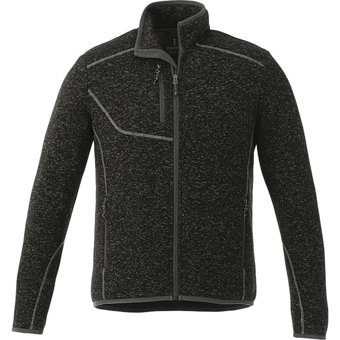 A men's knit jacket in dark grey with a zip front, featuring a logo and contrasting detailing.